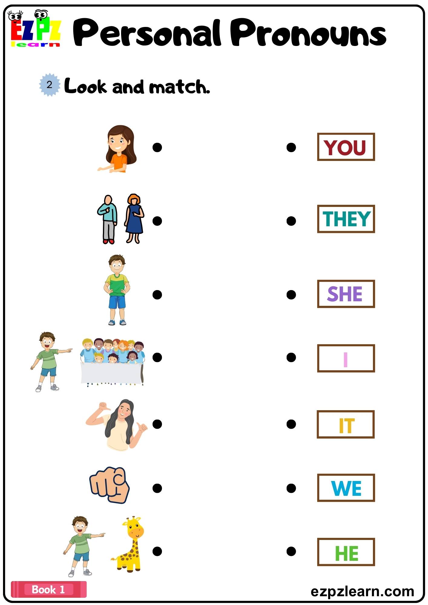 Personal Pronouns Look and Match the Images with the Words Grammar Worksheet Book 1